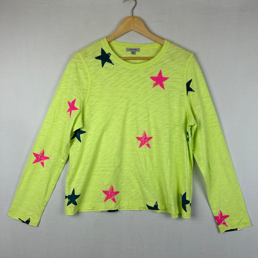 Lisa Todd Stargaze Neon Yellow Star Print Long Sleeve Gauzey Shirt Womens Size L